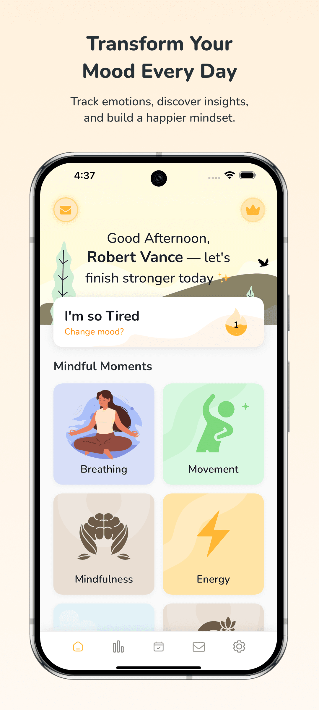 UpMinute home screen showing a mood check-in and mindful moment sessions